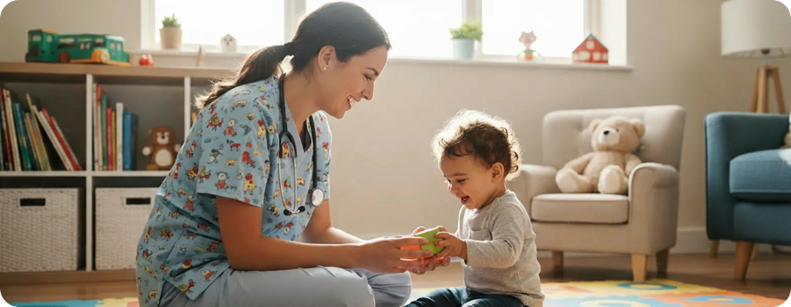 Nurse playing and engaging with joyful toddler at home