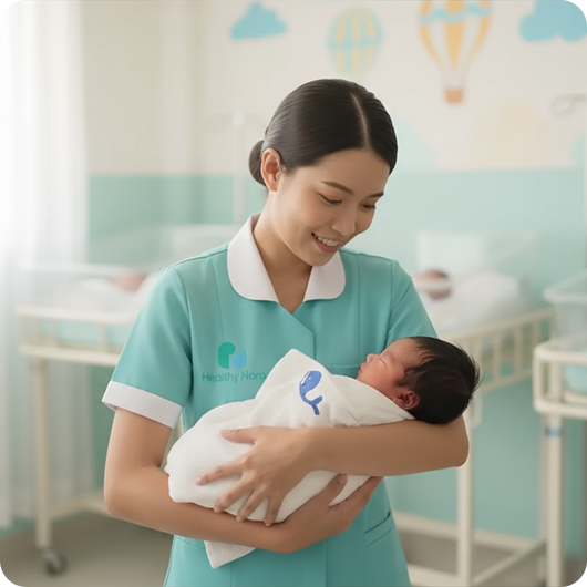 Caregiver nursing a newborn baby