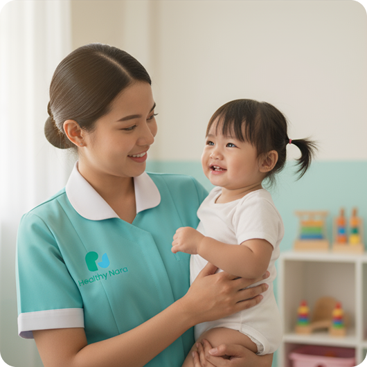 Caregiver engaging and holding a happy toddler